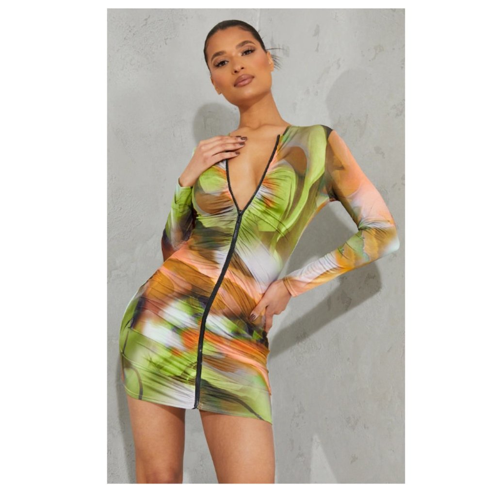PLT Green Abstract Print Slinky Ruched Zip Through Bodycon Dress